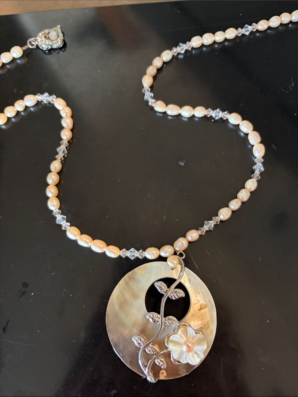 Pearl and Mother-of-Pearl Floral Pendant Necklace - Elegant Cream Pearls